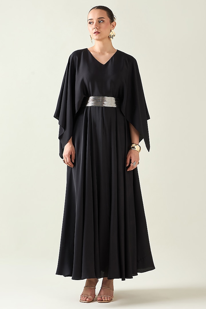 Coral Black Moss Crepe Dress With Belt by Aakaar at Pernia's Pop Up Shop