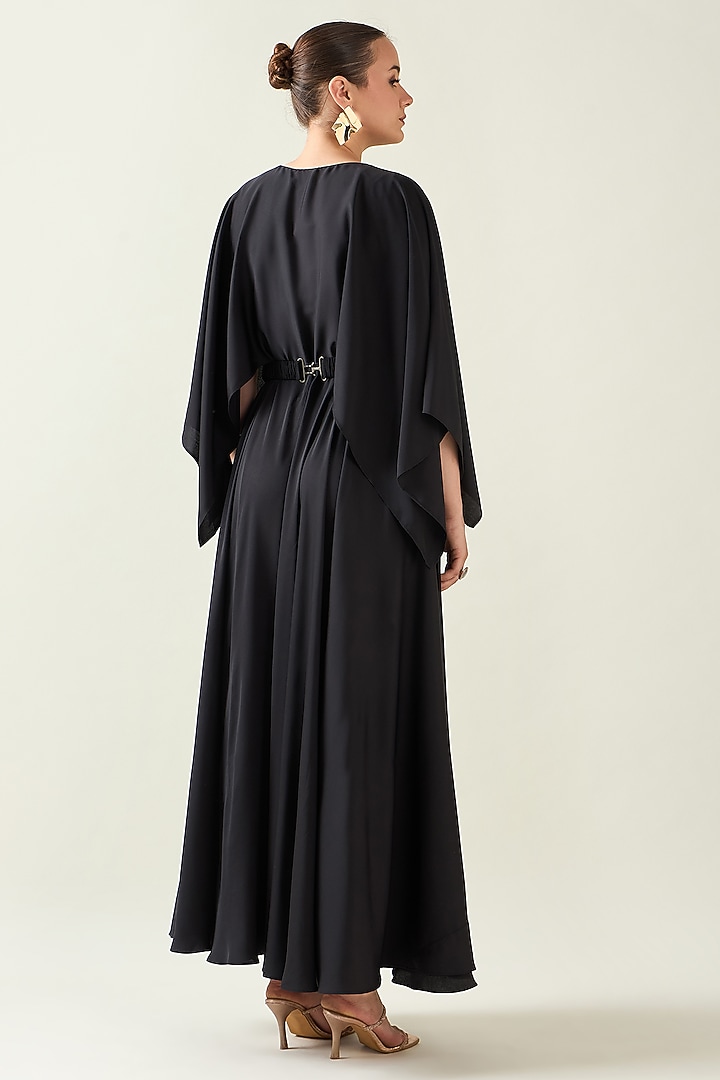 Coral Black Moss Crepe Summer Dress With Belt by Aakaar at Pernia's Pop Up Shop