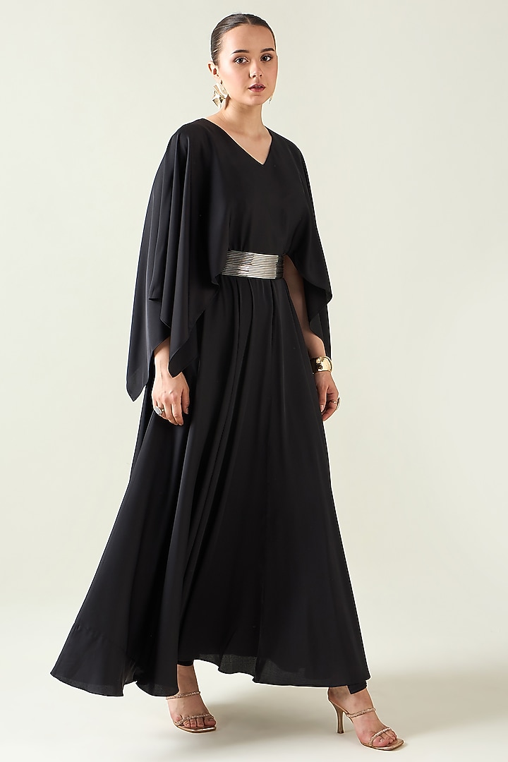 Coral Black Moss Crepe Summer Dress With Belt by Aakaar at Pernia's Pop Up Shop