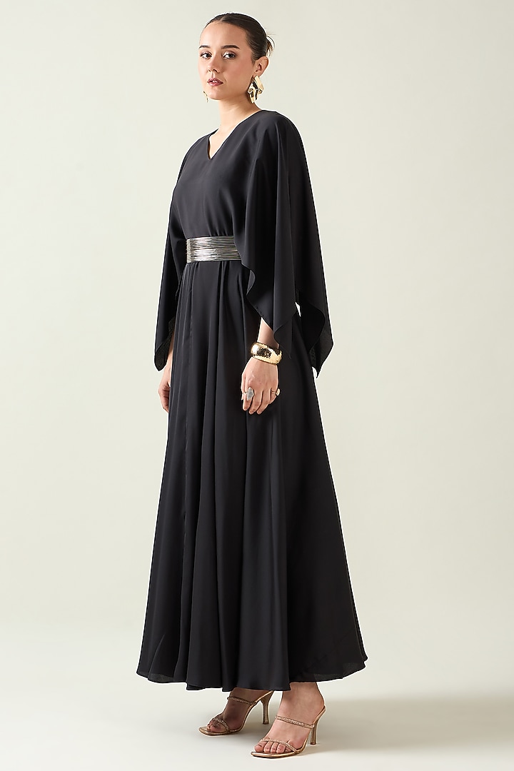 Coral Black Moss Crepe Summer Dress With Belt by Aakaar at Pernia's Pop Up Shop