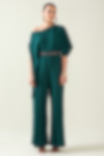 Bottle Green Moss Crepe One Shoulder Jumpsuit With Belt by Aakaar at Pernia's Pop Up Shop