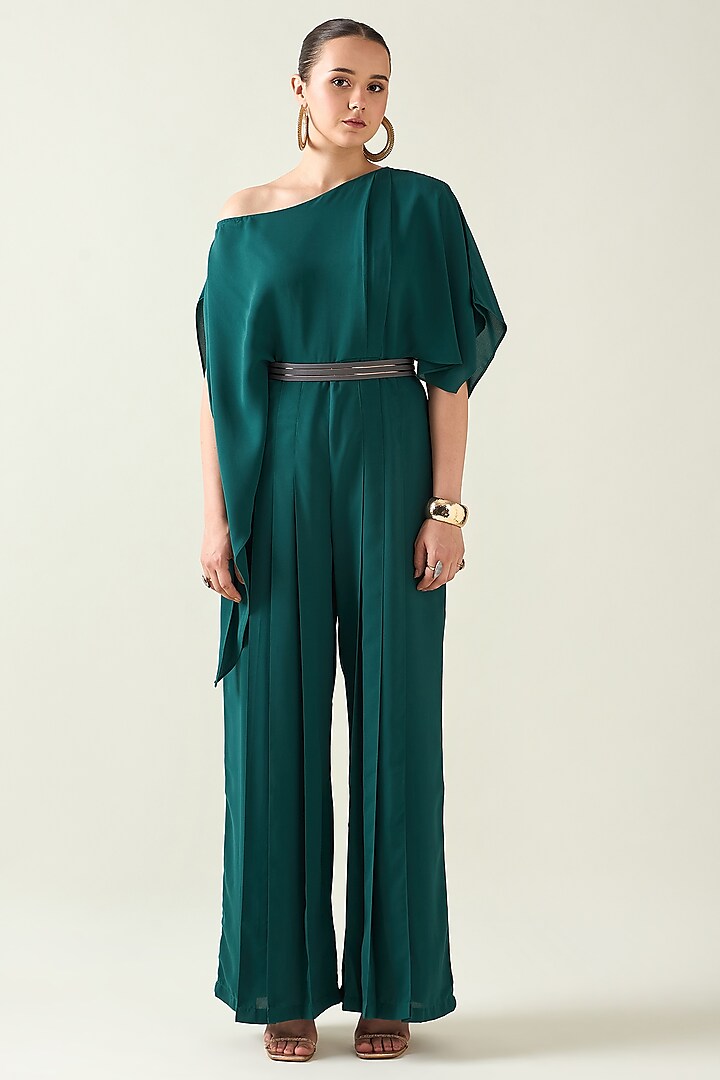 Bottle Green Moss Crepe One Shoulder Jumpsuit With Belt by Aakaar at Pernia's Pop Up Shop