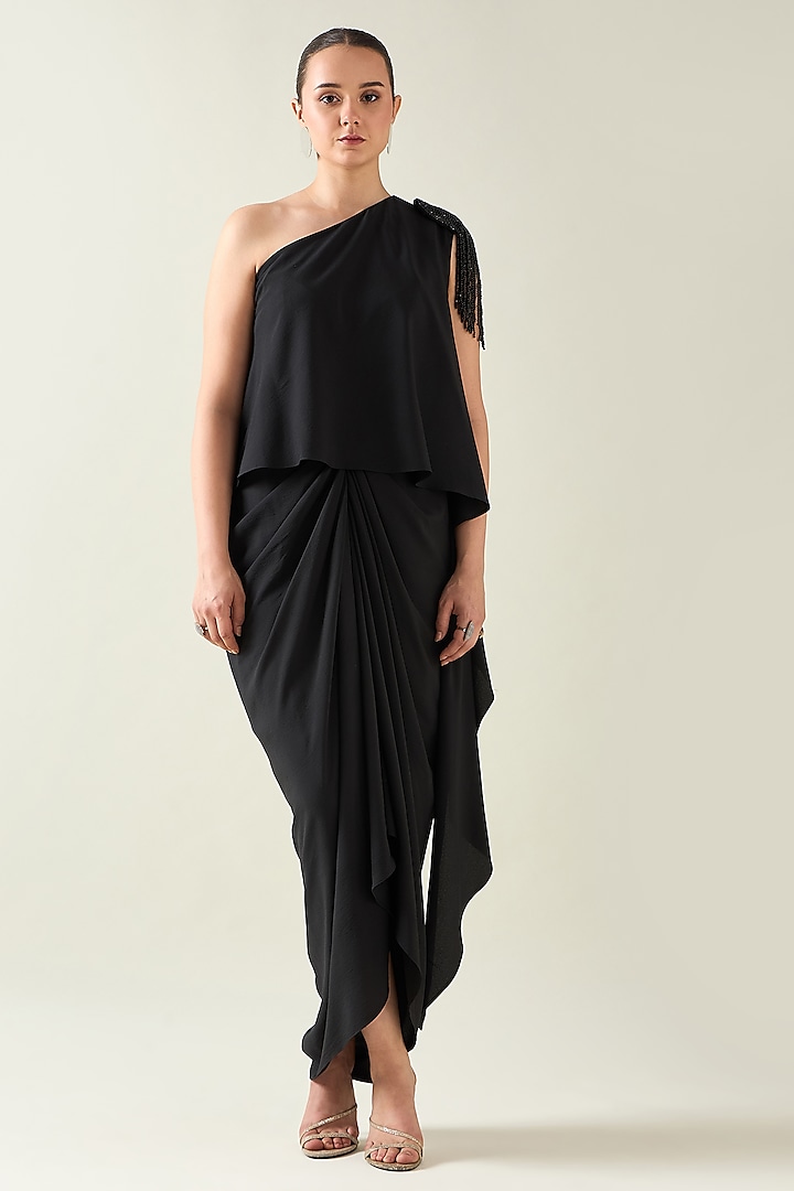 Black Moss Crepe One-Shoulder Dress by Aakaar at Pernia's Pop Up Shop