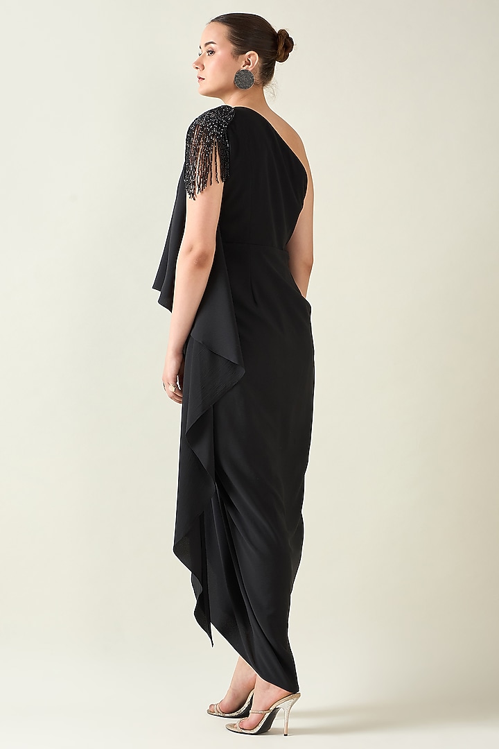 Black Moss Crepe One-Shoulder Summer Dress by Aakaar at Pernia's Pop Up Shop