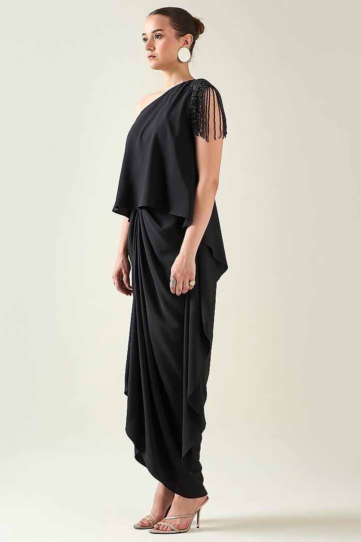 Black Moss Crepe One-Shoulder Summer Dress by Aakaar at Pernia's Pop Up Shop