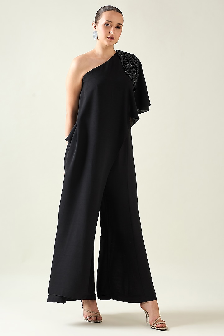 Black Moss Crepe Crystal Applique Embroidered One-Shoulder Jumpsuit by Aakaar at Pernia's Pop Up Shop