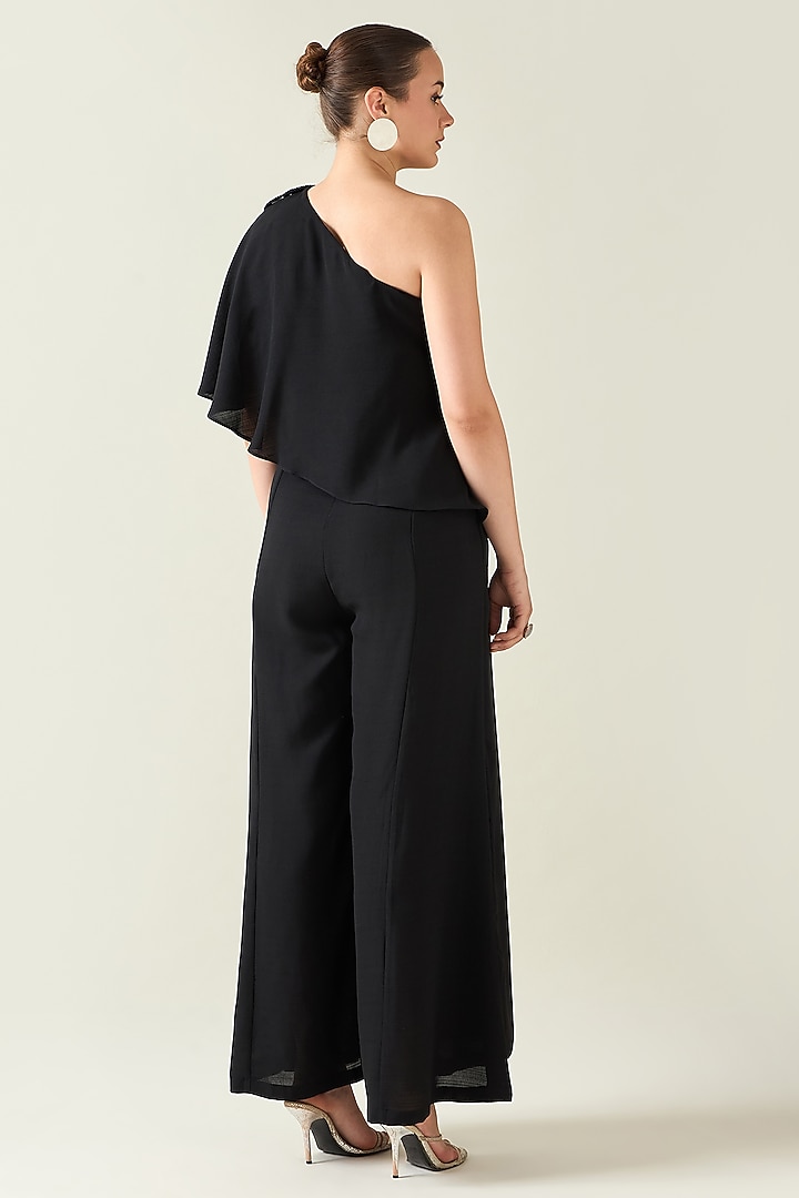 Black Moss Crepe Crystal Applique Embroidered One-Shoulder Jumpsuit by Aakaar at Pernia's Pop Up Shop