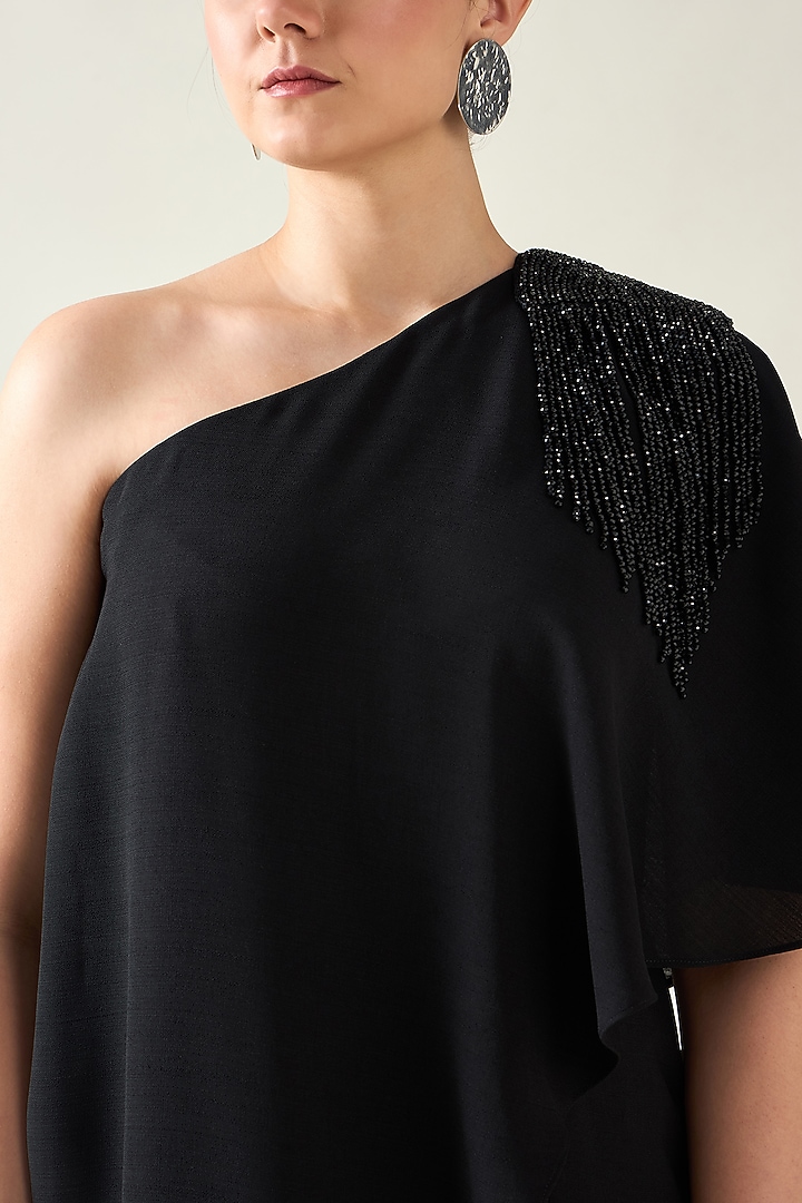 Black Moss Crepe Crystal Applique Embroidered One-Shoulder Jumpsuit by Aakaar at Pernia's Pop Up Shop