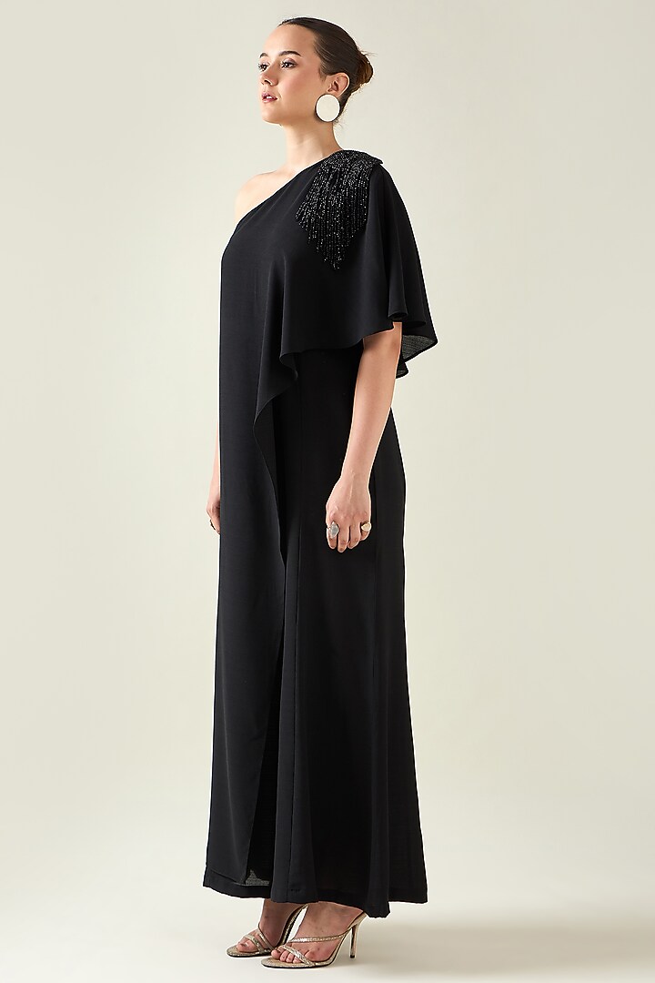 Black Moss Crepe Crystal Applique Embroidered One-Shoulder Jumpsuit by Aakaar at Pernia's Pop Up Shop
