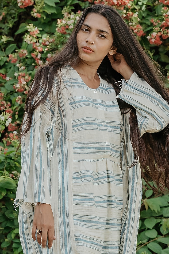 Cream & Blue Cotton Handloom Co-Ord Set by Akashi at Pernia's Pop Up Shop