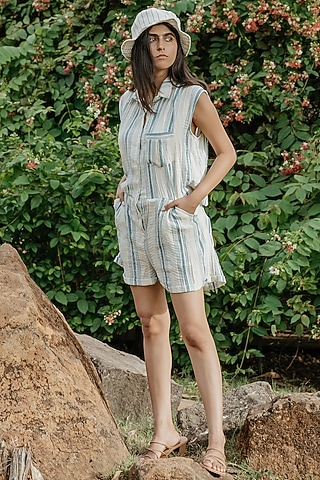 Cream & Blue Cotton Handloom Jumpsuit by Akashi