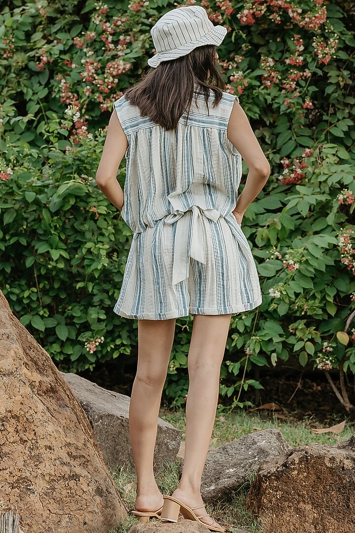 Cream & Blue Cotton Handloom Jumpsuit by Akashi at Pernia's Pop Up Shop