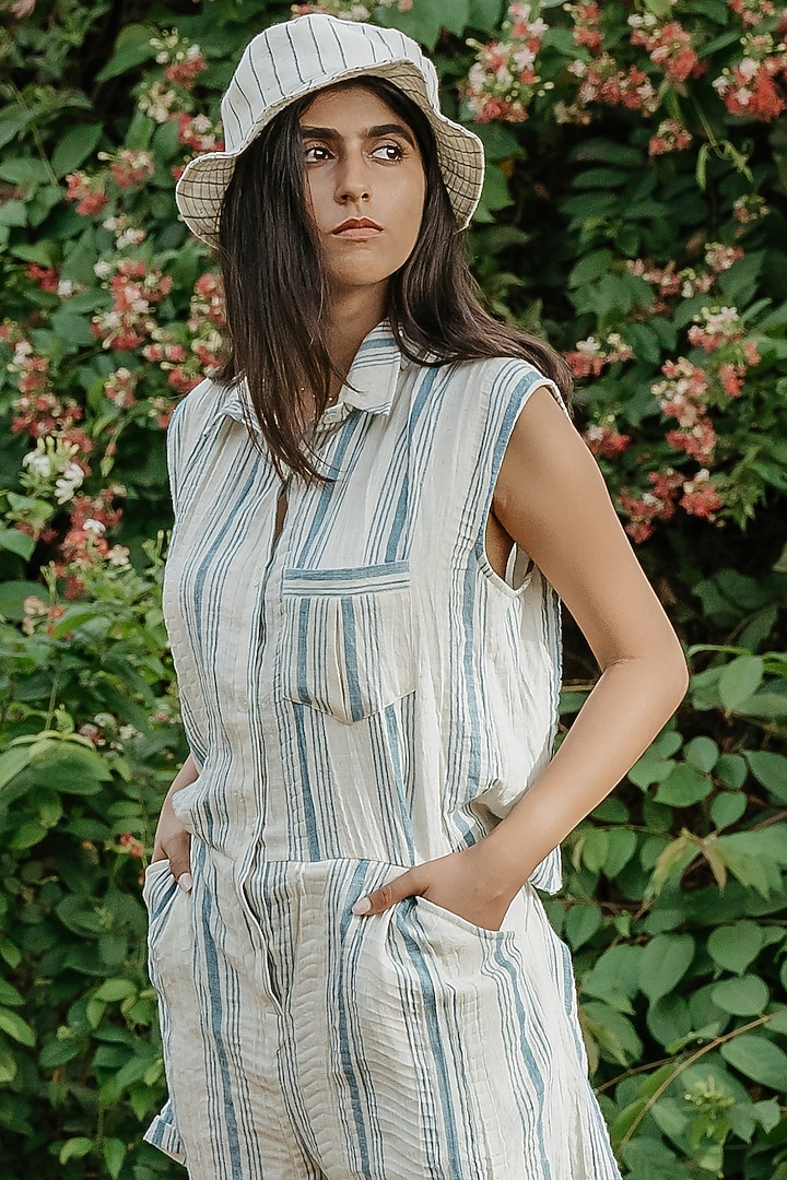 Cream & Blue Cotton Handloom Jumpsuit by Akashi at Pernia's Pop Up Shop