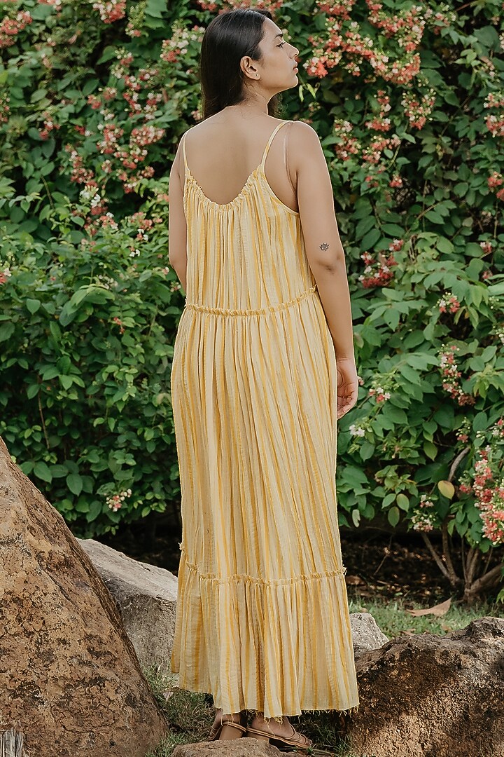 Cream Yellow Cotton Handloom Strappy Layered Maxi Dress by