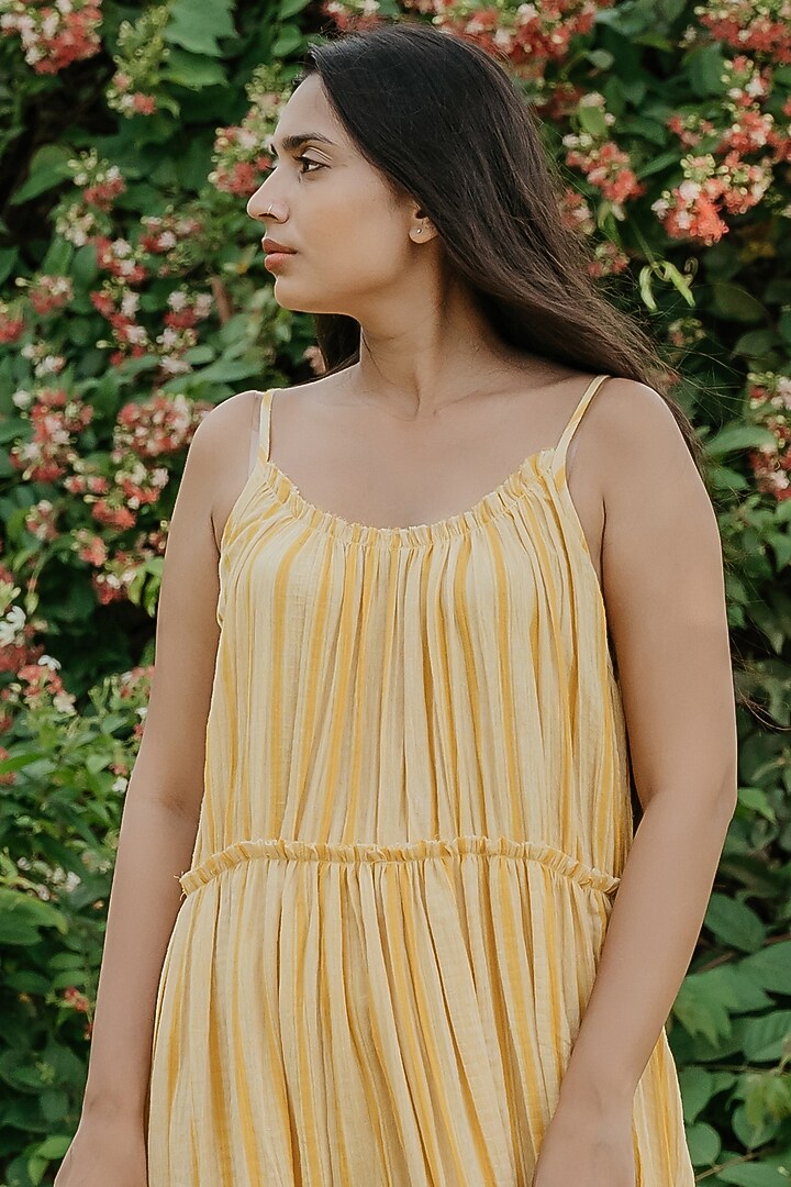 Cream & Yellow Cotton Handloom Strappy Layered Maxi Summer Dress by Akashi at Pernia's Pop Up Shop