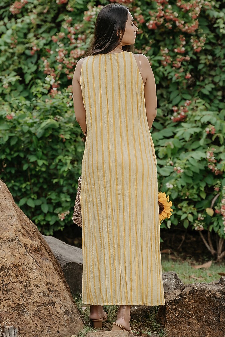 Cream & Yellow Cotton Handloom Front Knotted Summer Dress by Akashi at Pernia's Pop Up Shop