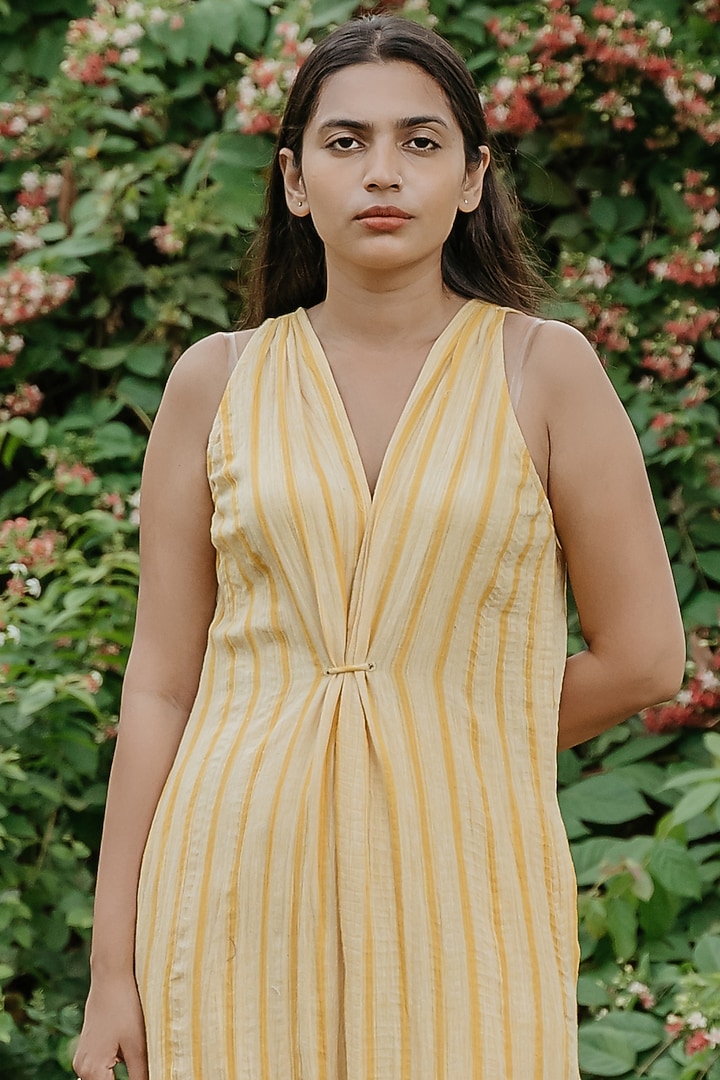 Cream & Yellow Cotton Handloom Front Knotted Summer Dress by Akashi at Pernia's Pop Up Shop