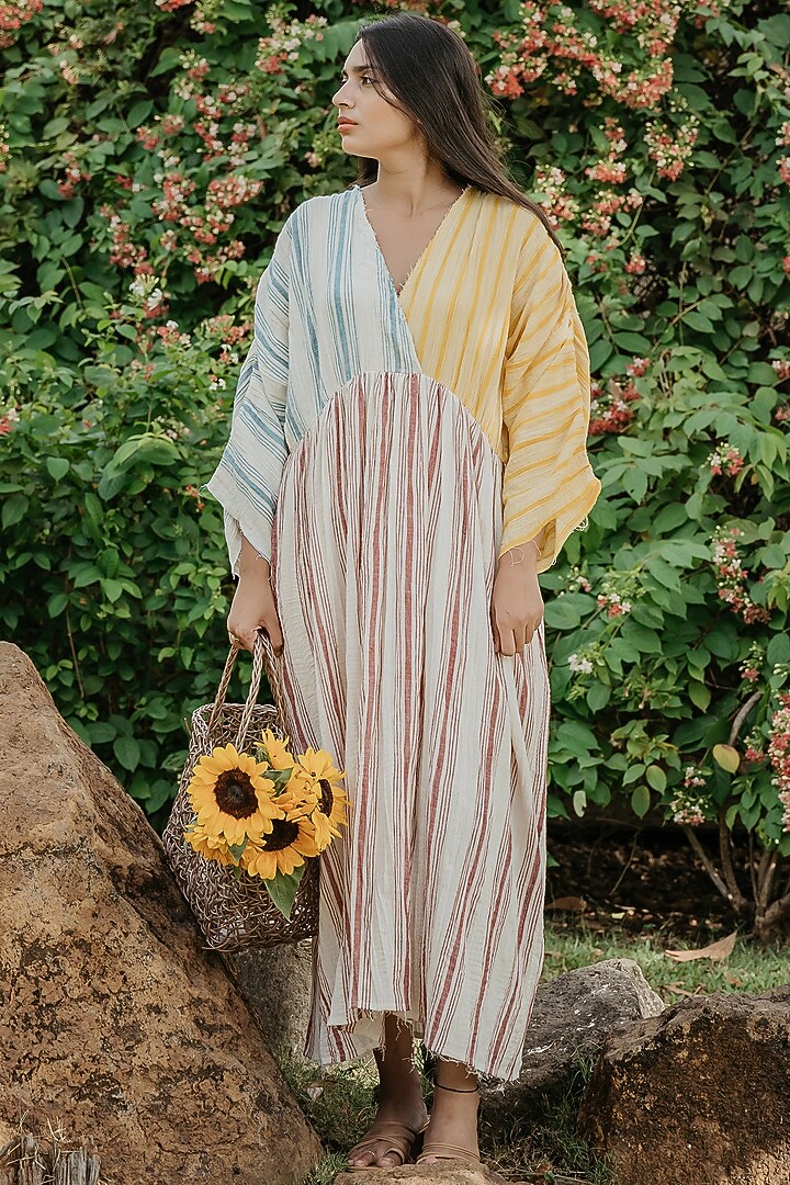 Cream Cotton Handloom Patchwork Ankle-Length Summer Dress by Akashi at Pernia's Pop Up Shop