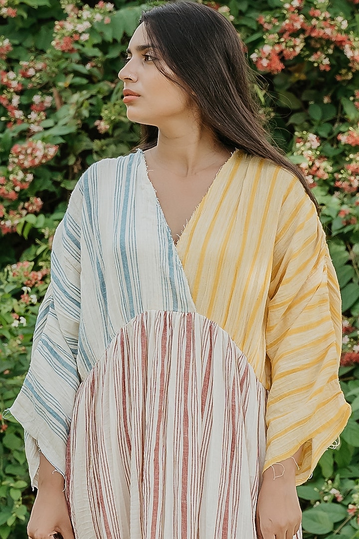 Cream Cotton Handloom Patchwork Ankle-Length Summer Dress by Akashi at Pernia's Pop Up Shop