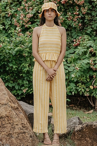 Cream & Yellow Cotton Handloom Co-Ord Set by Akashi