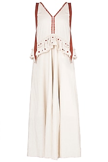 Beige & Brown V-Neck Dress Design by Akashi at Pernia's Pop Up Shop 2023