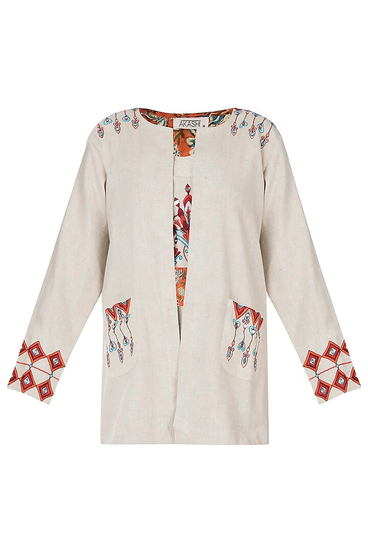 Beige Khadi Embroidered Jacket For Girls by Akashi- Kids