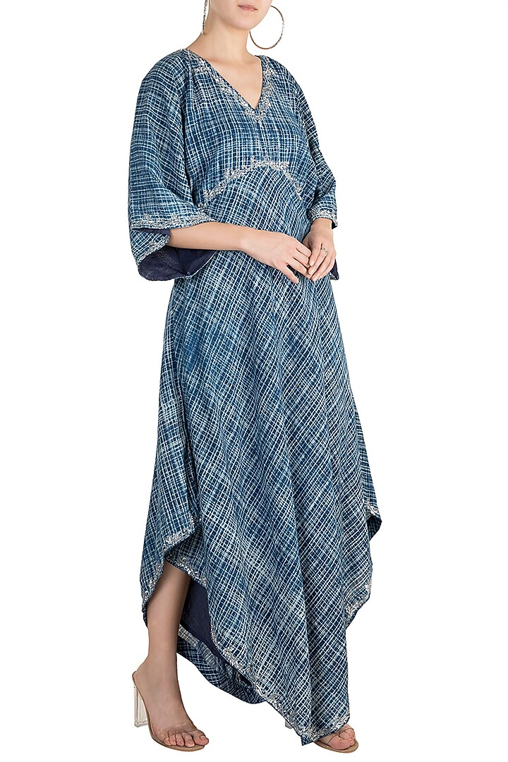 Indigo Blue Embroidered Kaftan For Girls by Akashi- Kids at Pernia's Pop Up Shop