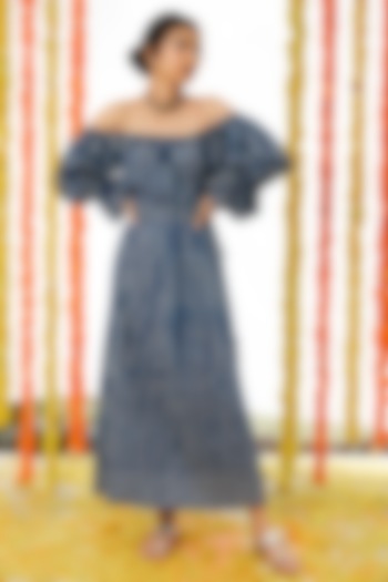Indigo Blue Cotton Off-Shoulder Dress by Akashi