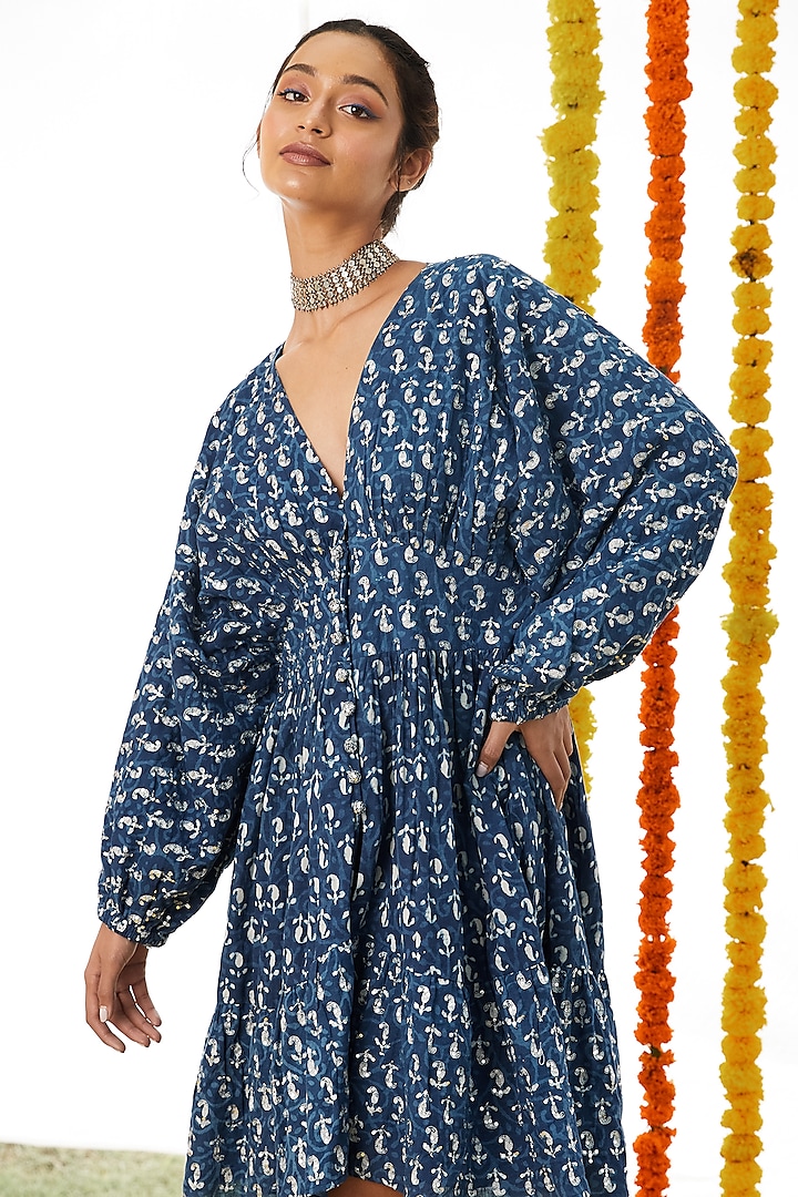 Indigo Blue Embroidered Dress by Akashi