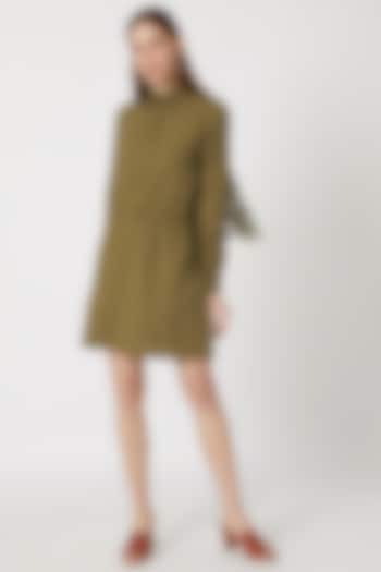 Olive Green Khadi Shirt Dress by Akashi at Pernia's Pop Up Shop