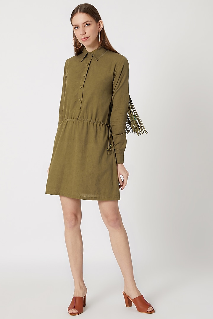 Olive Green Khadi Shirt Dress by Akashi