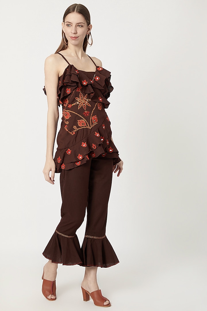 Brown Wrap Top With Pants by Akashi