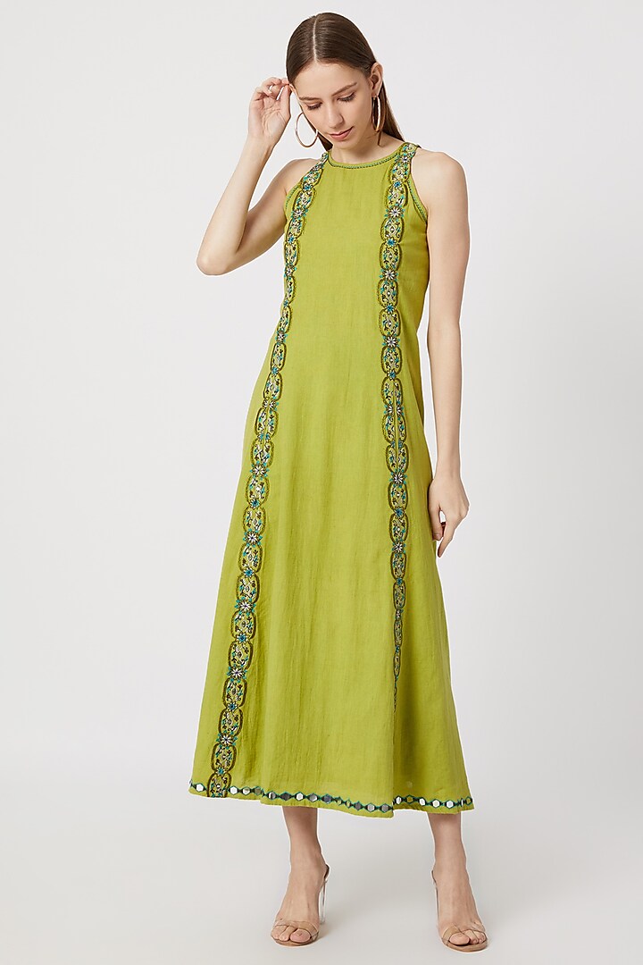 Indigo Blue Embroidered Halter Neck Dress Design by Akashi
