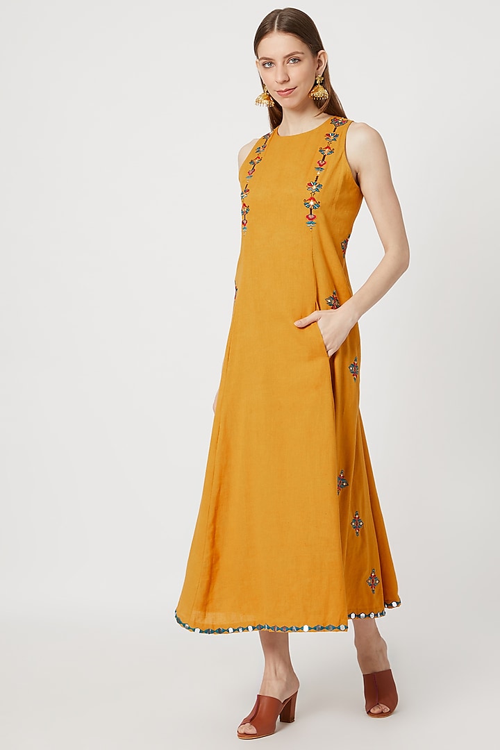 Mustard Yellow Khadi Cotton Dress Design by Akashi at