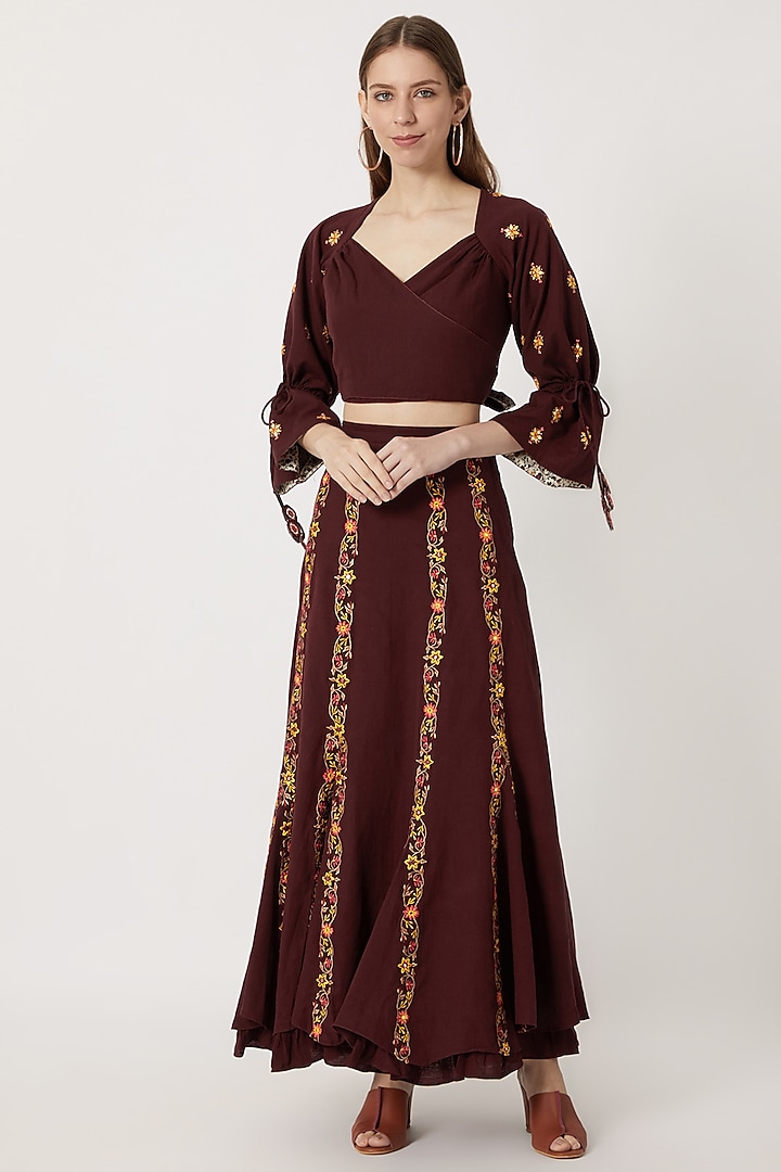 Maroon Wrap Top With Embroidered Skirt by Akashi