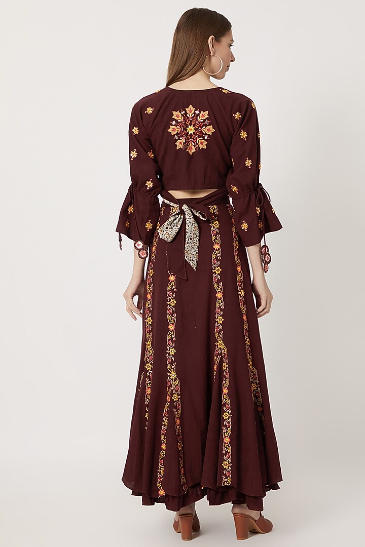 Maroon Wrap Top With Embroidered Skirt by Akashi at Pernia's Pop Up Shop