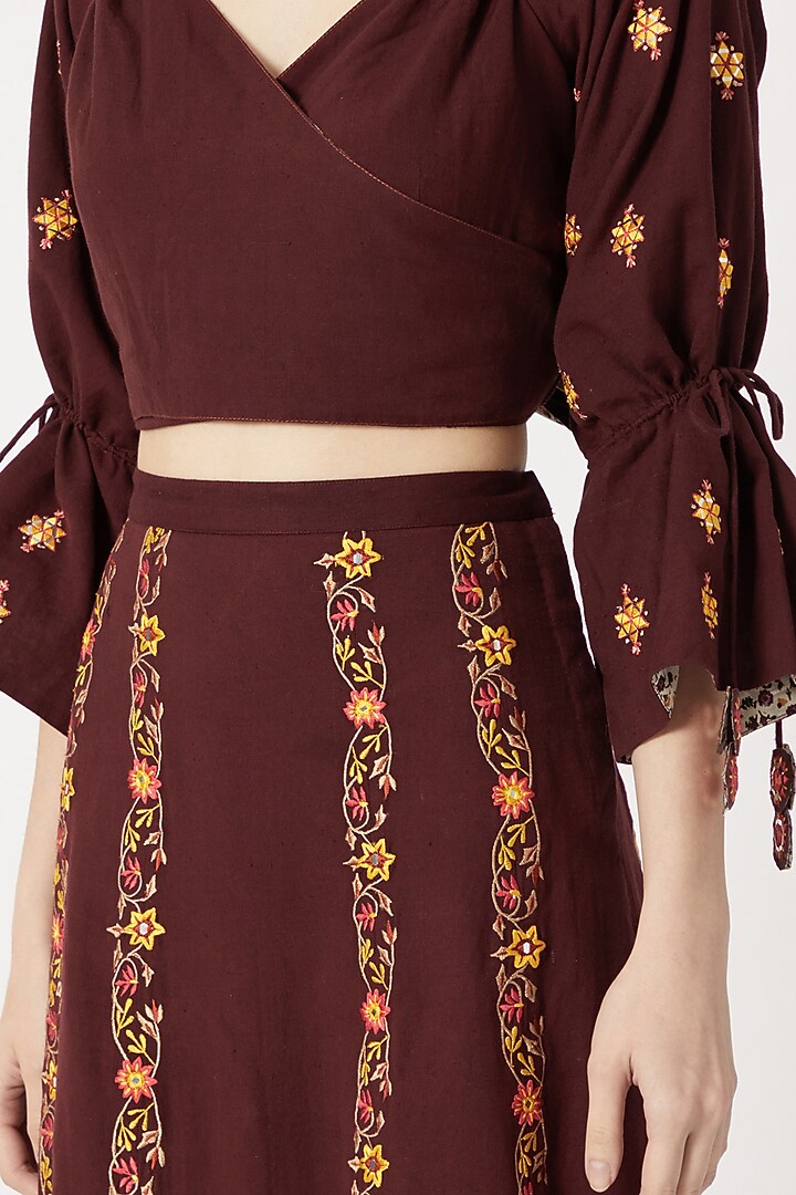 Maroon Wrap Top With Embroidered Skirt by Akashi at Pernia's Pop Up Shop