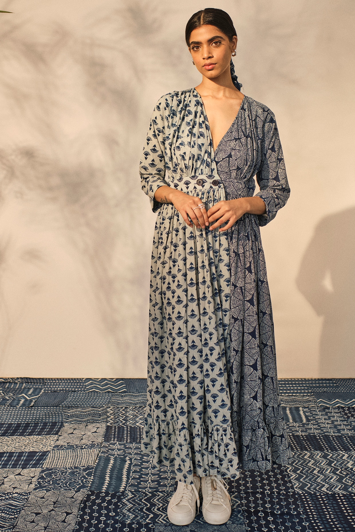 Blue Cotton Patchwork Printed Maxi Wrap Dress by Akashi at Pernia s Pop Up Shop