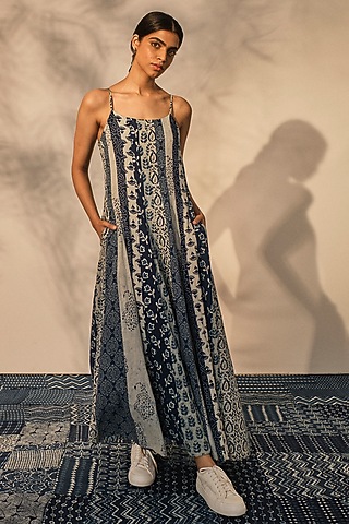 Blue Cotton Paneled Patchwork Flared Strappy Maxi Dress by Akashi