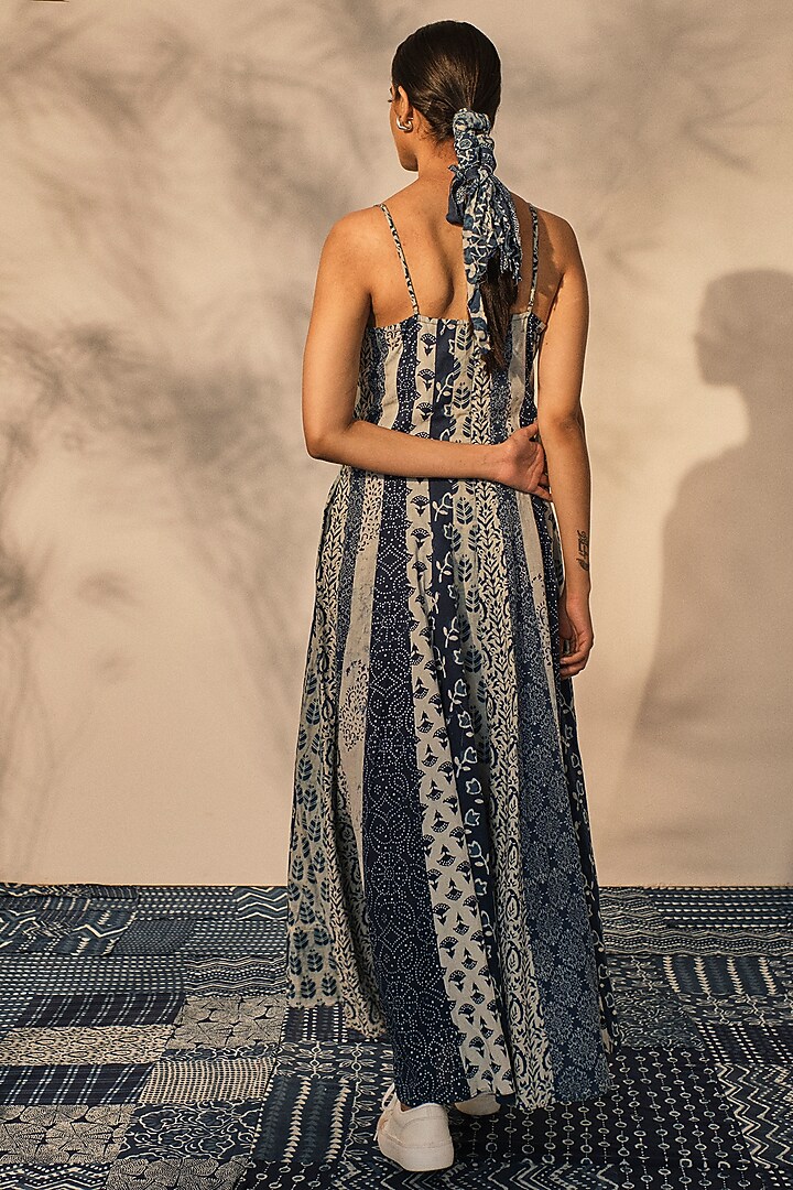 Blue Cotton Paneled Patchwork Flared Strappy Maxi Summer Dress by Akashi at Pernia's Pop Up Shop