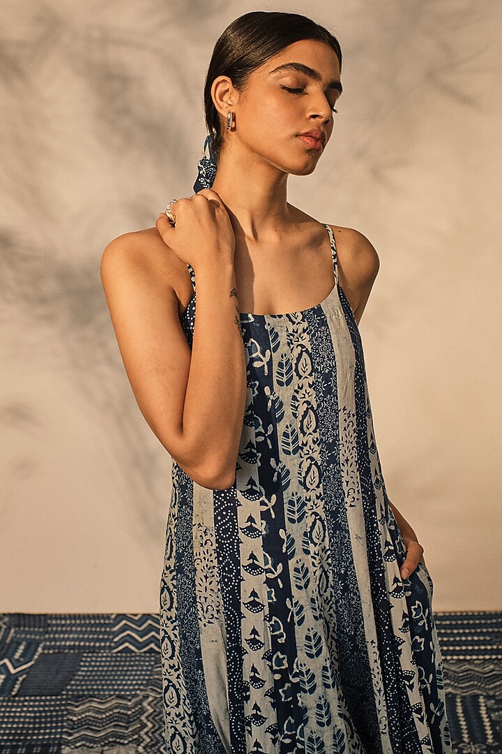 Blue Cotton Paneled Patchwork Flared Strappy Maxi Summer Dress by Akashi at Pernia's Pop Up Shop