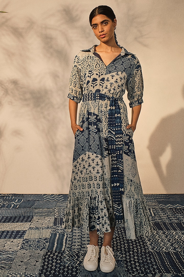 Blue Cotton Patchwork Collared Maxi Dress by Akashi