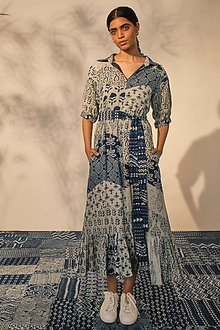 Blue Cotton Patchwork Collared Maxi Dress by Akashi