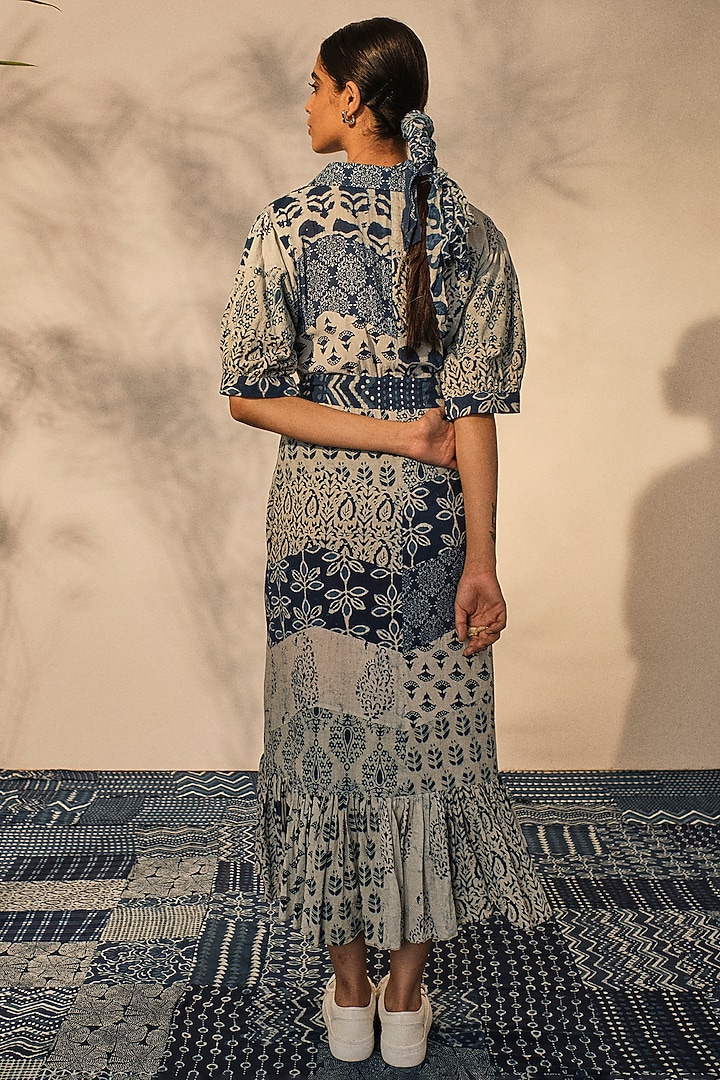 Blue Cotton Patchwork Collared Maxi Summer Dress by Akashi at Pernia's Pop Up Shop