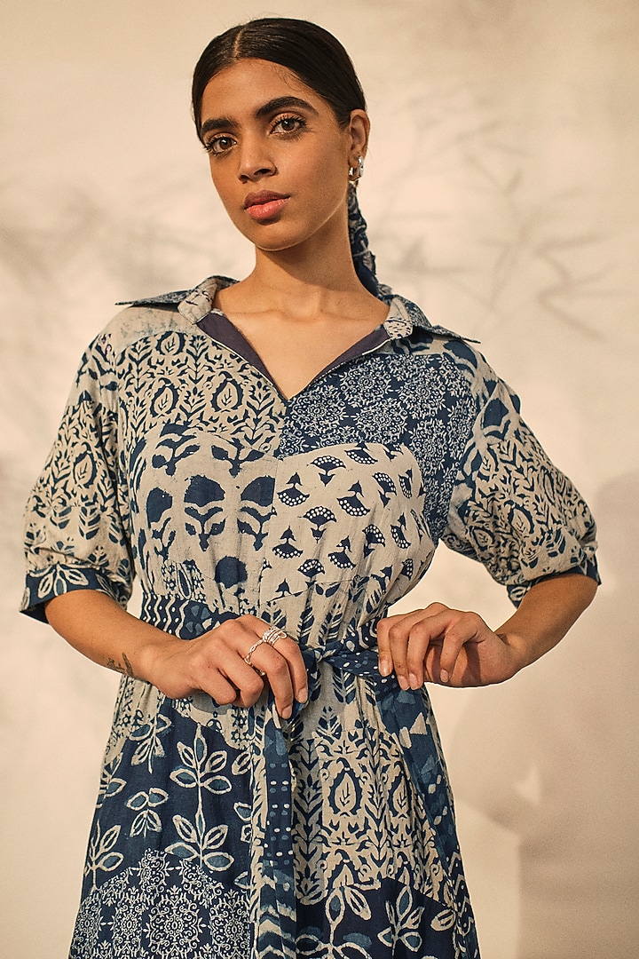 Blue Cotton Patchwork Collared Maxi Summer Dress by Akashi at Pernia's Pop Up Shop