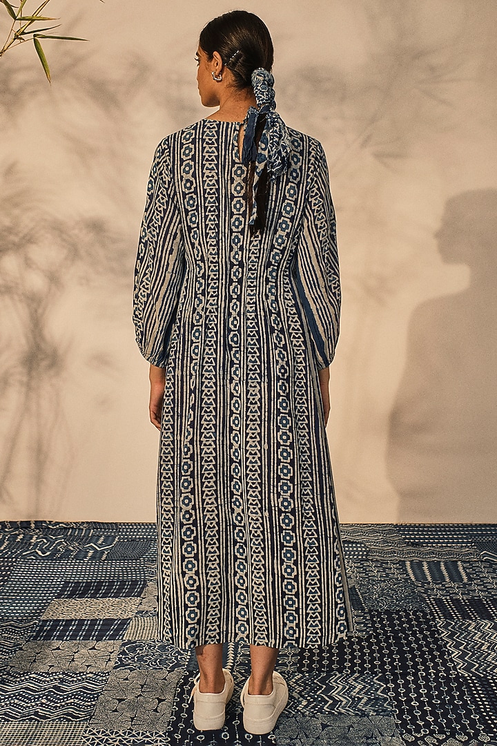 Blue Cotton Geometric Printed Pleated Summer Dress by Akashi at Pernia's Pop Up Shop