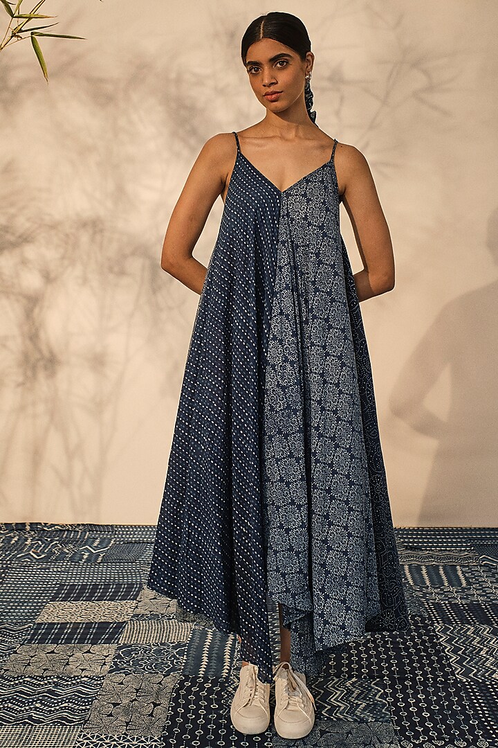 Blue Cotton Patch Printed Handkerchief Dress by Akashi