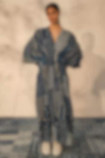 Blue Cotton Patchwork Printed Pleated Kaftan by Akashi