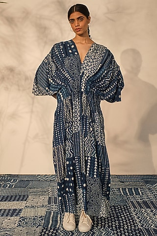 Blue Cotton Patchwork Printed Pleated Kaftan by Akashi