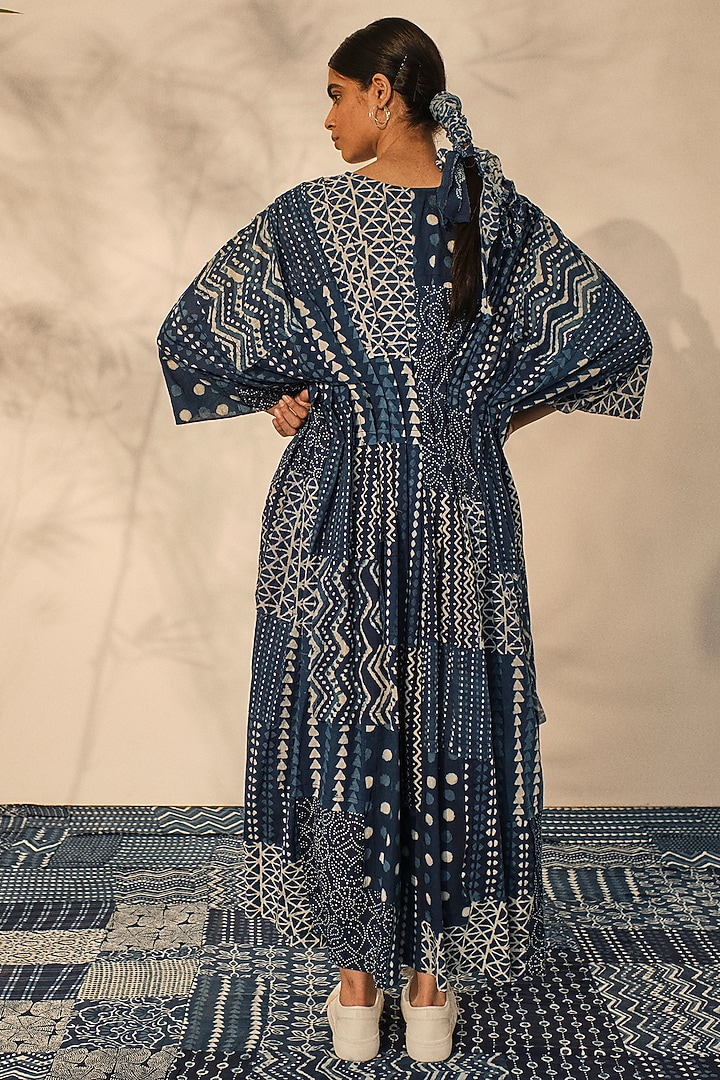 Blue Cotton Patchwork Printed Pleated Kaftan by Akashi at Pernia's Pop Up Shop
